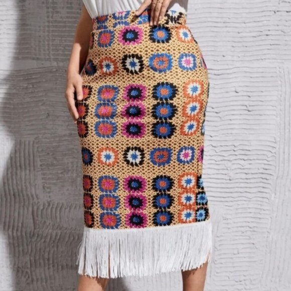 SHEIN Boho Bodycon Curve Crochet look pattern with long fringe. Women's size 3XL - Picture 1 of 10